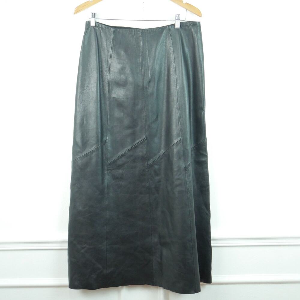 Vintage Genuine Leather Maxi Skirt Size 10 Black 90s Y2K Minimalist Patchwork